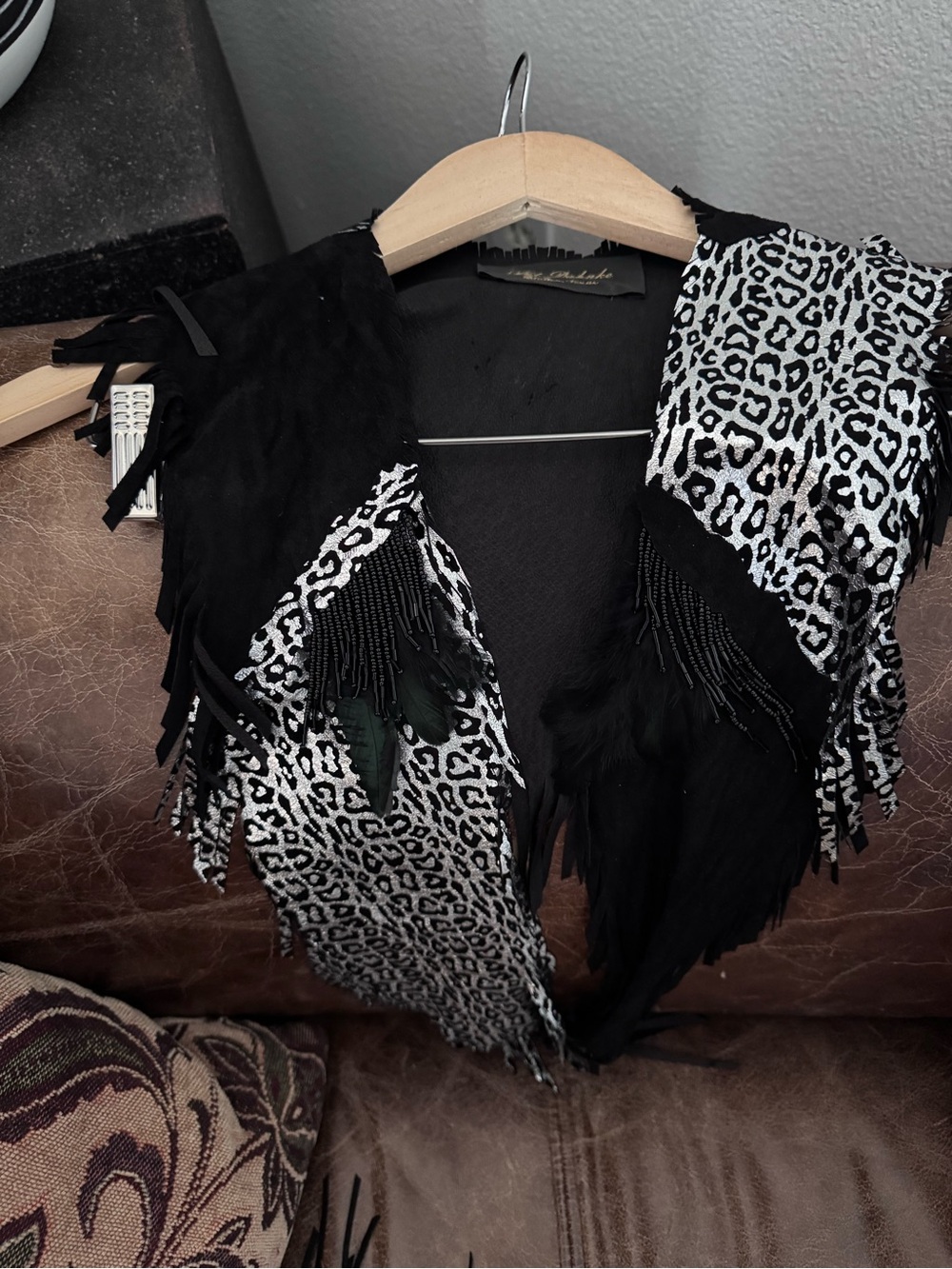 Pat Dahnke Feathers & Beaded Women’s Black & Silver Leopard Print Fringe Collar